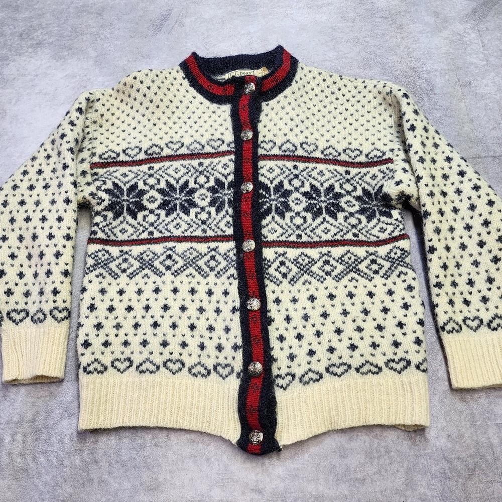 LL Bean Wool Blend Birdseye Cardigan Nordic Sweater USA  Pewter Button Size Lg